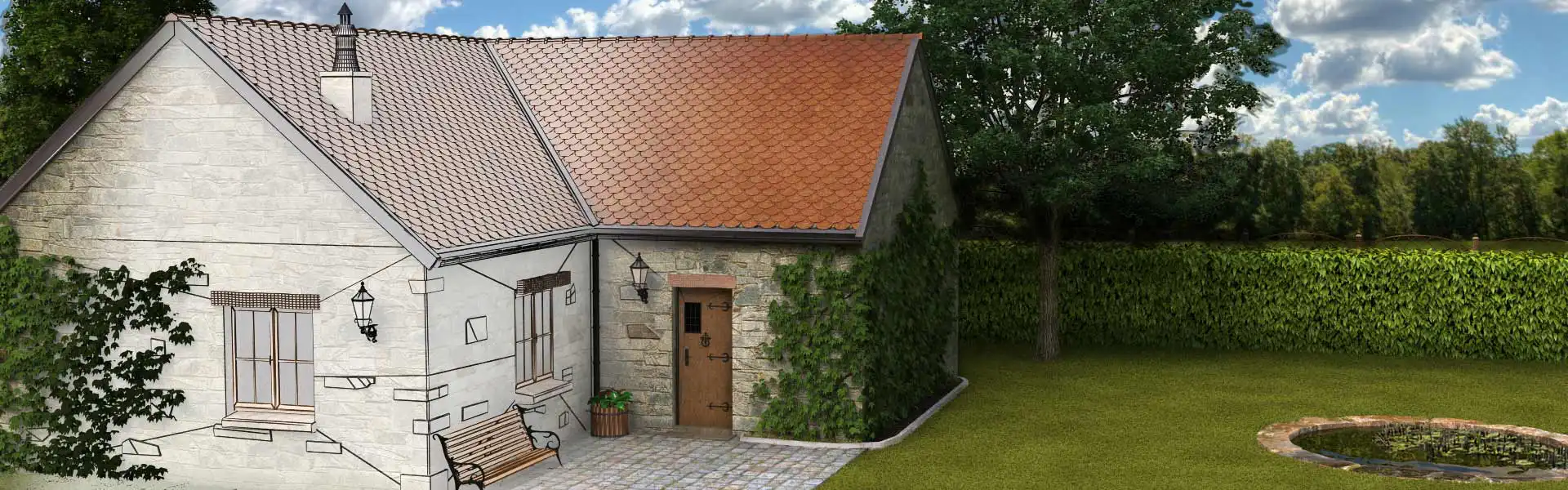 A Mansion 3D render with a pond and a beautifull garden