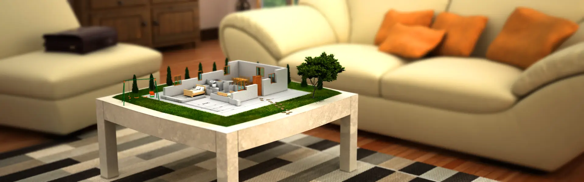 A cozy living room with a house floorplan displayed as a model