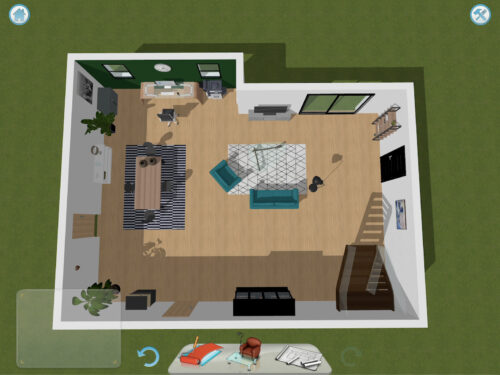 A 3D top view of a house floorplan