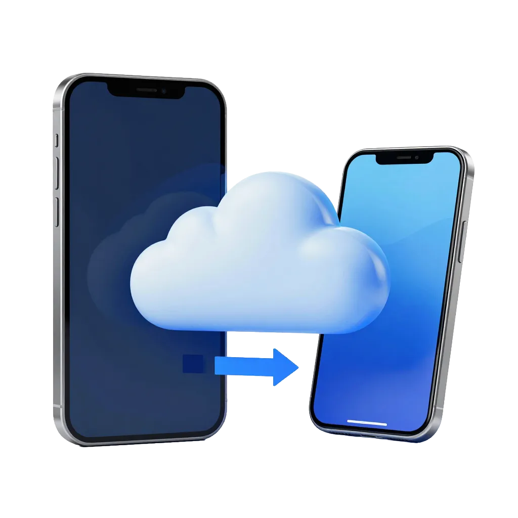 two smart phones, a cloud, and an arrow showing data transfer