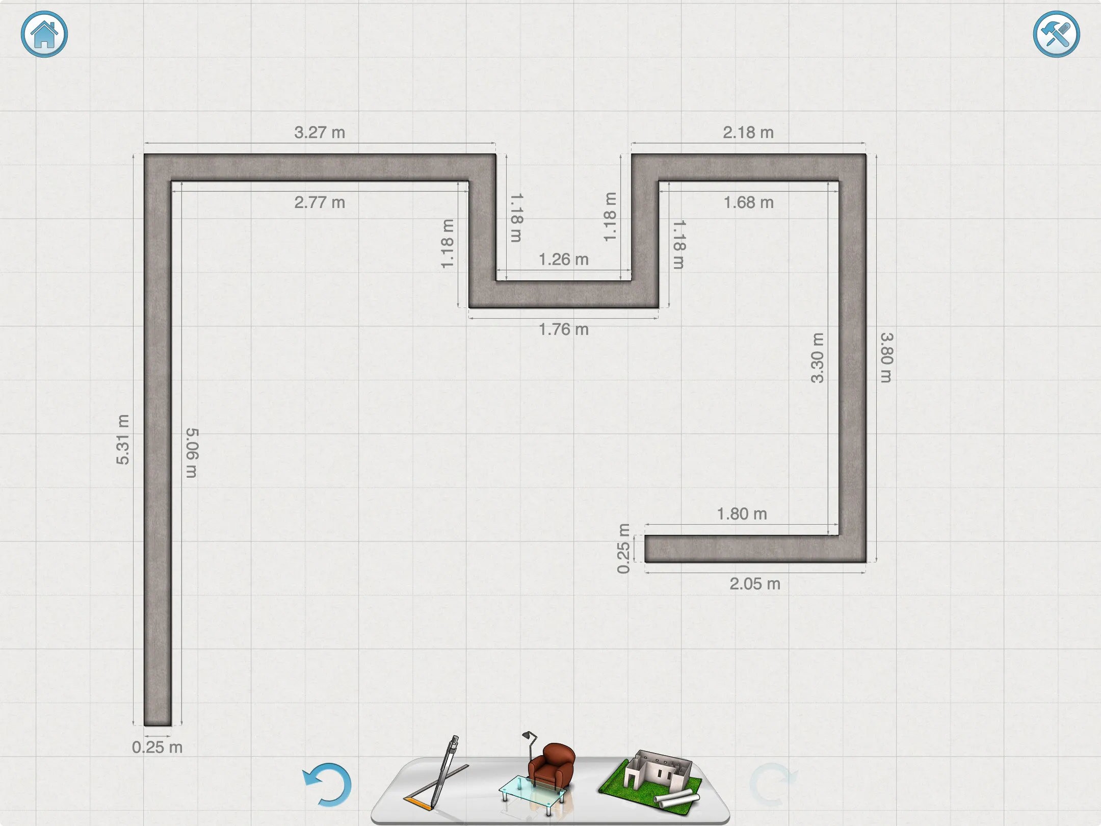 Several walls are created with an App on a 2D floorplan grid