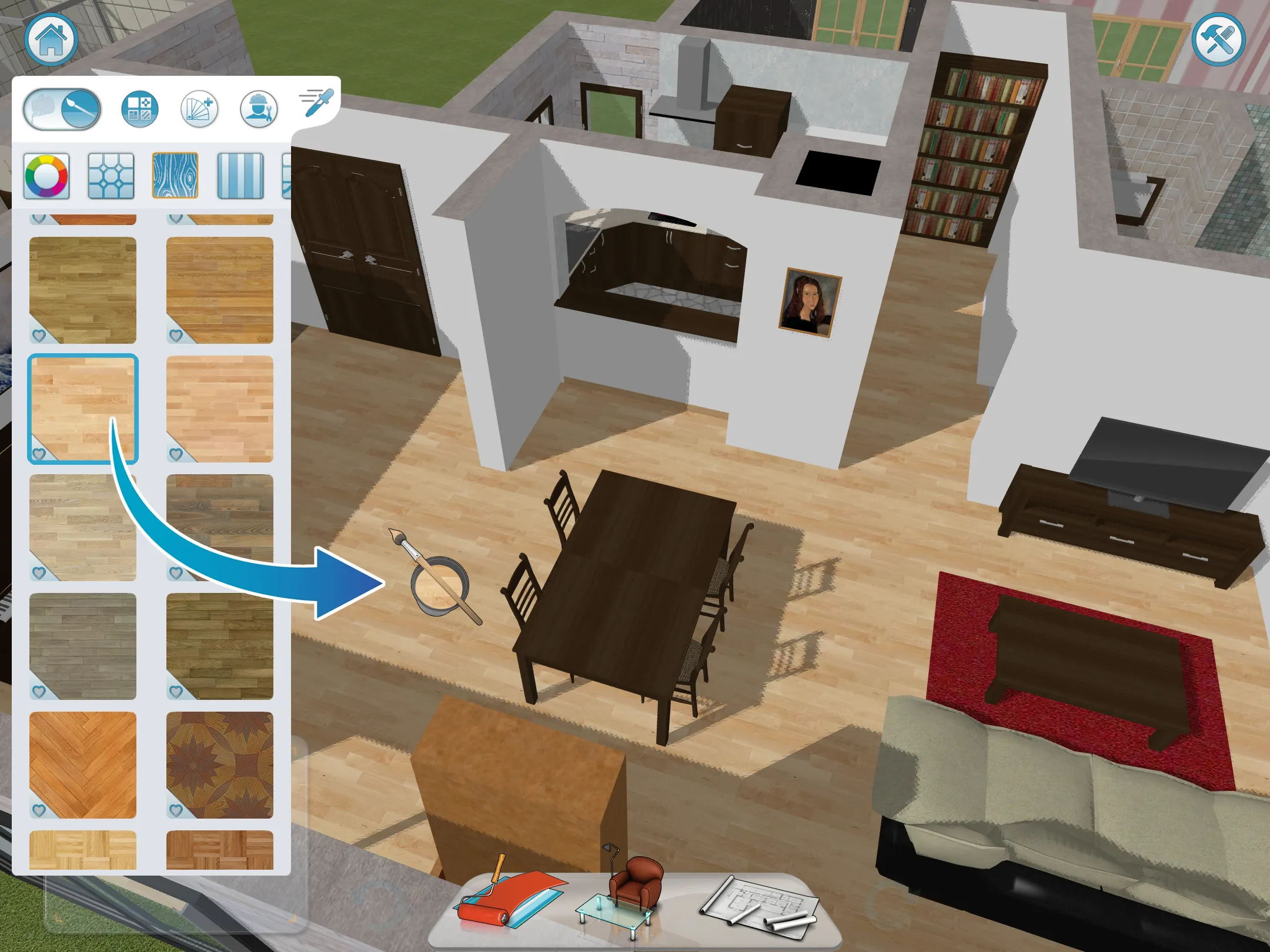 3D Home design floorplan with decorations and paint