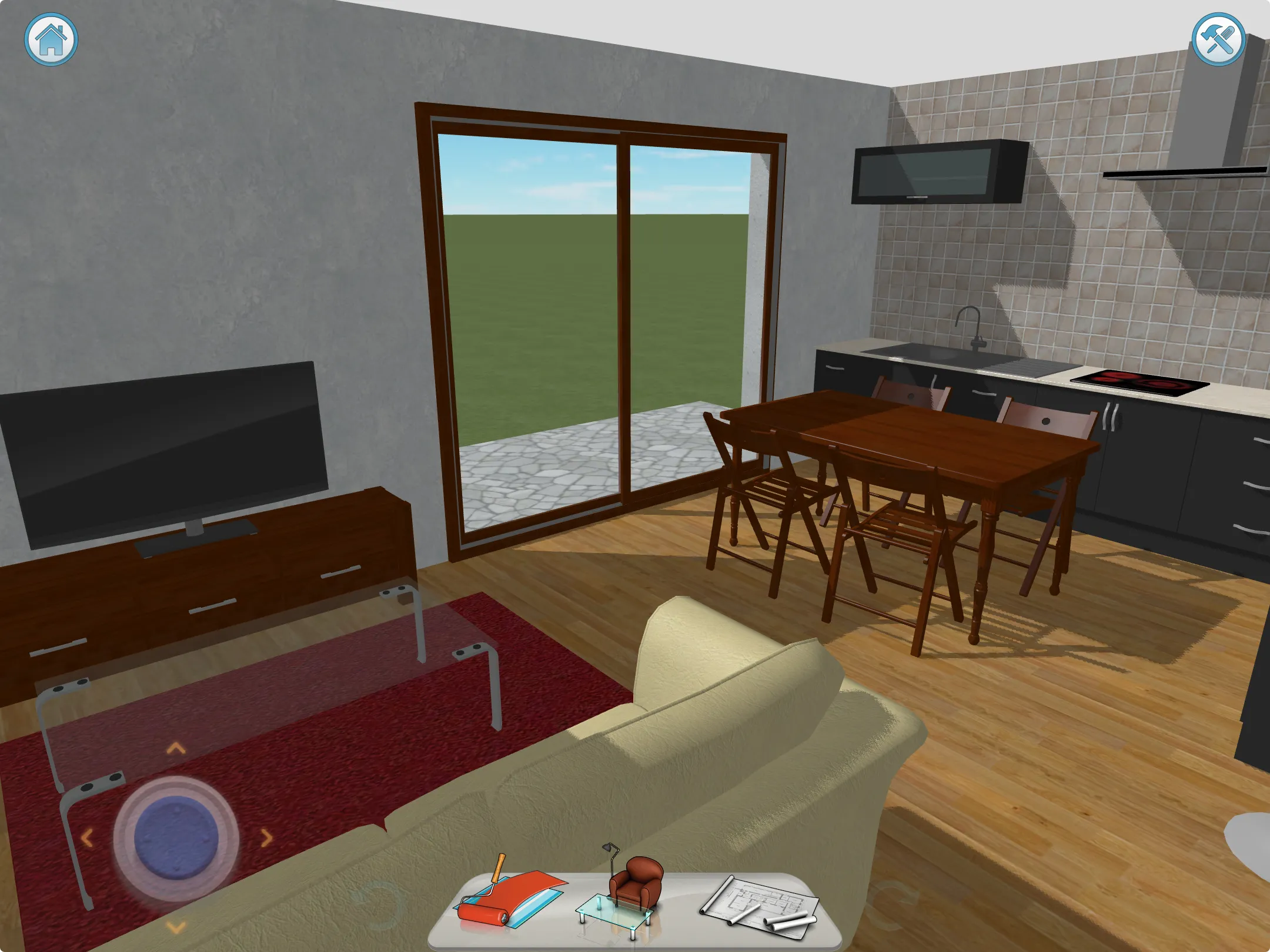 A first-person view of a 3D-rendered house with decorations and furniture.